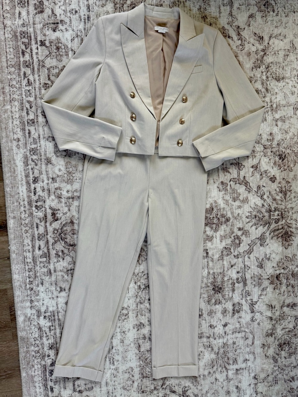 Cropped Double-Breasted Blazer and Pants Set in Light Beige